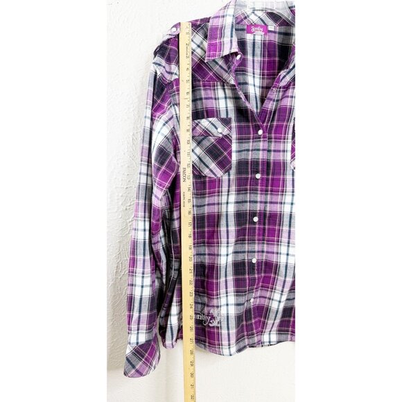 Scentsy 3XL Urban Cowgirl Plaid Pearl Snap Shirt Embroidered Logo Purple Blk EUC - Picture 4 of 5